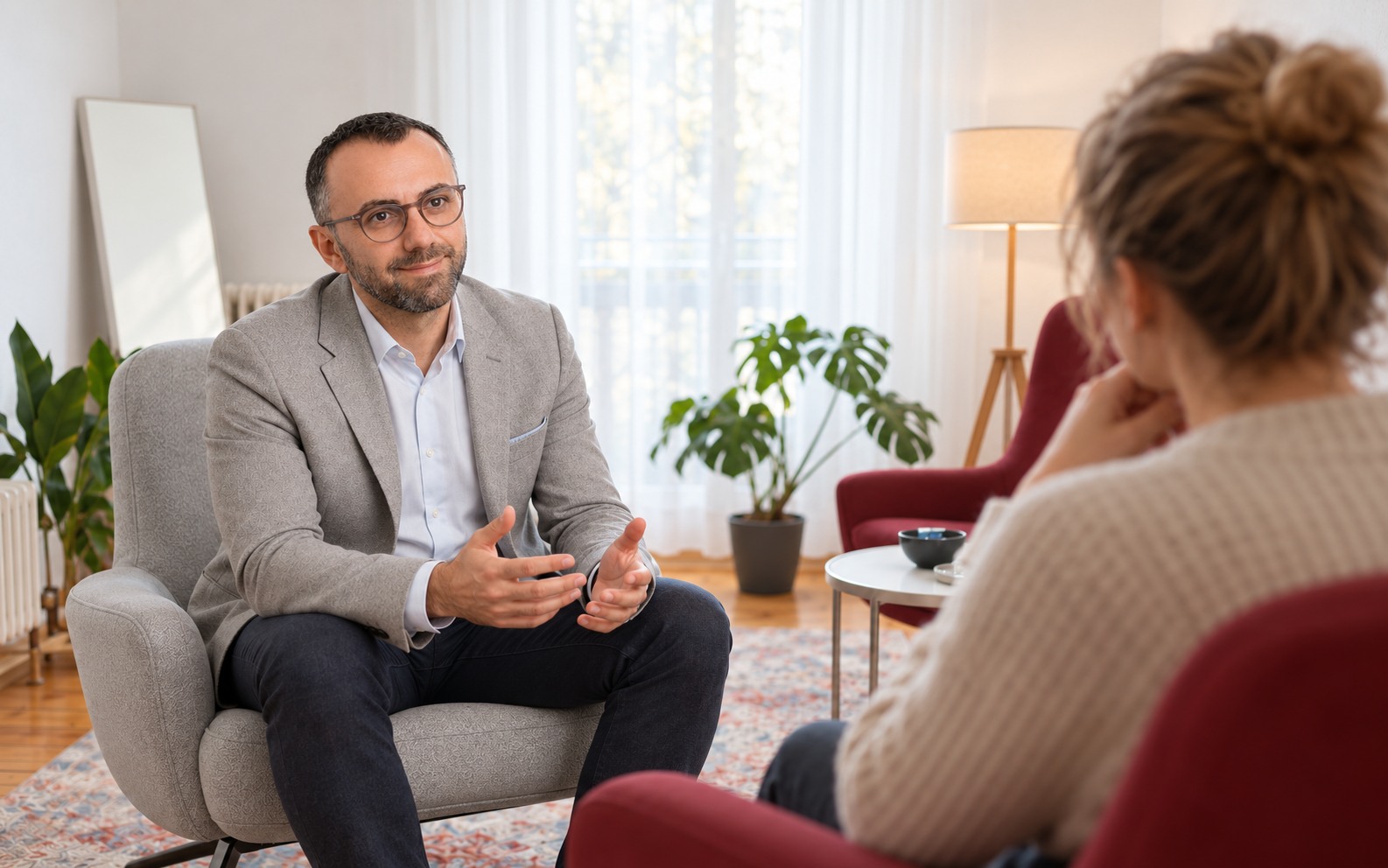 Illustrative Gesprächsszene in einer hellen psychotherapeutischen Praxis